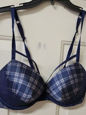36C Victoria’s Secret Very Sexy Push Up Bra Blue Plaid Lace Nice!